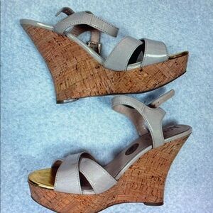 Women's Taupe Cork Wedge Sandals with Ankle Strap